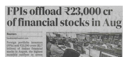 FPIs offload ₹23,000 cr of financial stocks in Aug